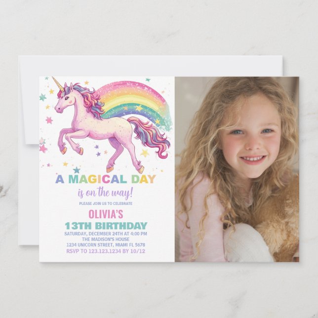 Star Unicorn Rainbow Birthday Invitations photo (Devant)