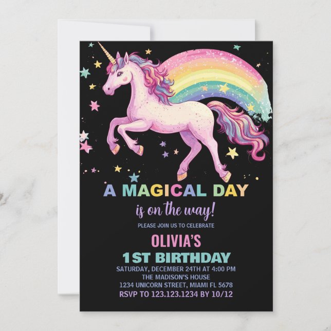Star Unicorn Rainbow Invitations d'anniversaire (Devant)
