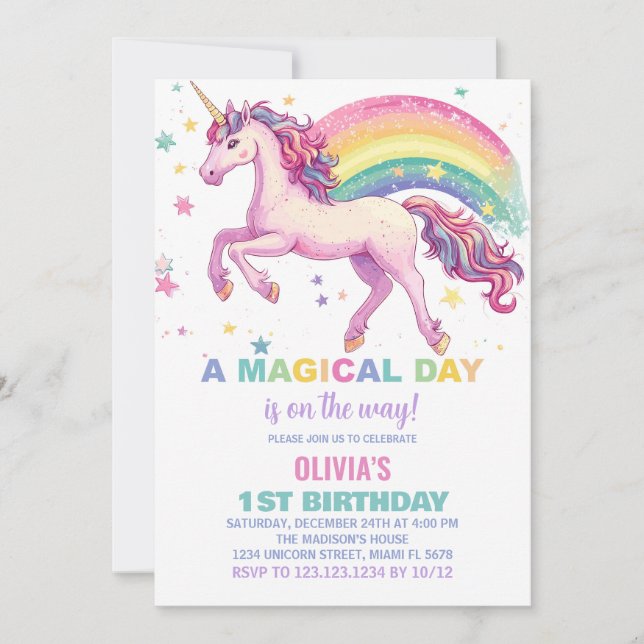 Star Unicorn Rainbow Invitations d'anniversaire (Devant)
