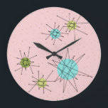 Starburts atomiques rose Iconique Horloge Mur Acry<br><div class="desc">Ce motif à mural acrylique rose Iconique Starbursts Arrondi présente des étoiles atomiques emblématiques. C'est vrai ! L'ancienne école, l'arrière - plan de couleur rose Première dame avec des taches d'or est la toile de fond parfaite pour le céleri turquoise, apaisant et kitsch cercles de couleur vert poire. Les taches...</div>