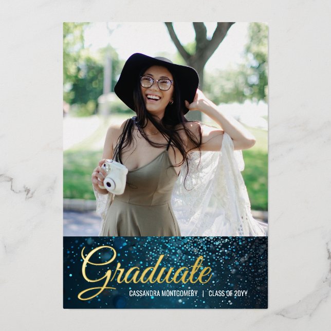 Stardust Blue Foil Faire-part de graduation photo (Recto)