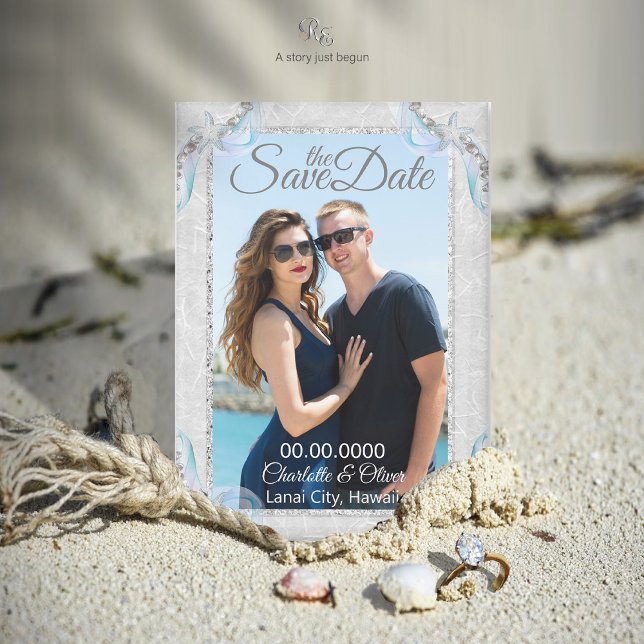 Starfish Beach Dream Magnet photo Mariage (Wedding photo magnet styled with seashells, nautical rope, and diamond ring in the sand.)