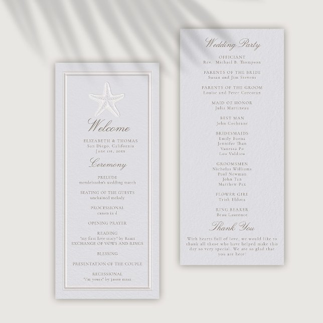Starfish Coastal Classic Programme de mariage form (coastal wedding program ceremony schedule modern classic formal traditional frame faux embossed star)