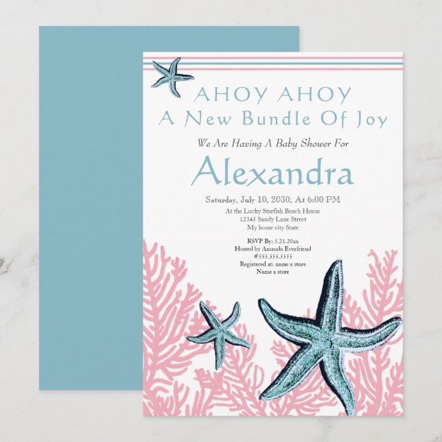Starfish Coral Baby shower invitation Dusty Blue (Devant / Derrière)