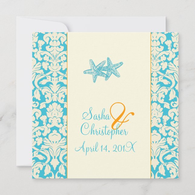 Starfish + damask/aqua Wedding Invitations (Devant)