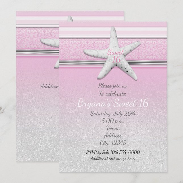 Starfish Elegant Beach Rose Sweet 16 Invitations (Devant / Derrière)
