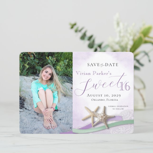 Starfish Lace Sweet 16 Save the Date with Photo (Debout devant)