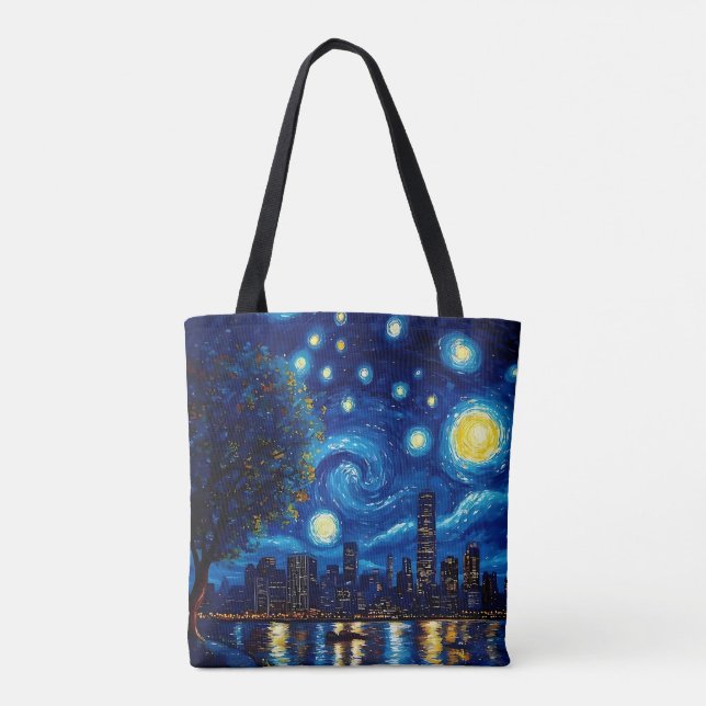 Starry Night Inspired Cityscape Tote Bag (Dos)