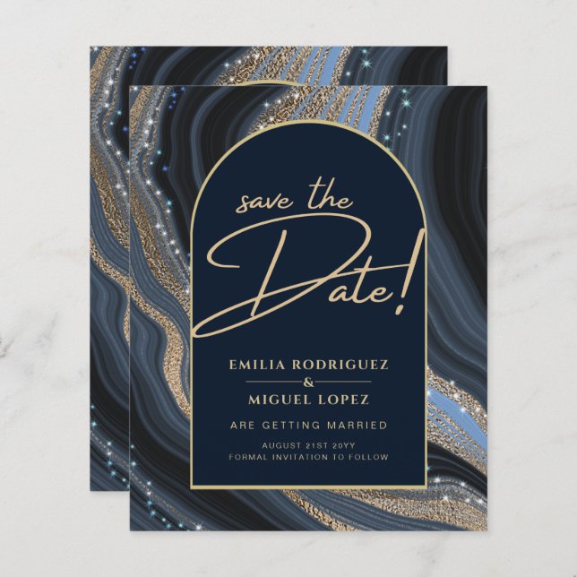 Starry Night Marine Gold Agate Mariage SAVE DATE (Devant / Derrière)