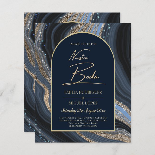 Starry Night Navy Gold Agate NUESTRA BODA Invitati (Devant / Derrière)