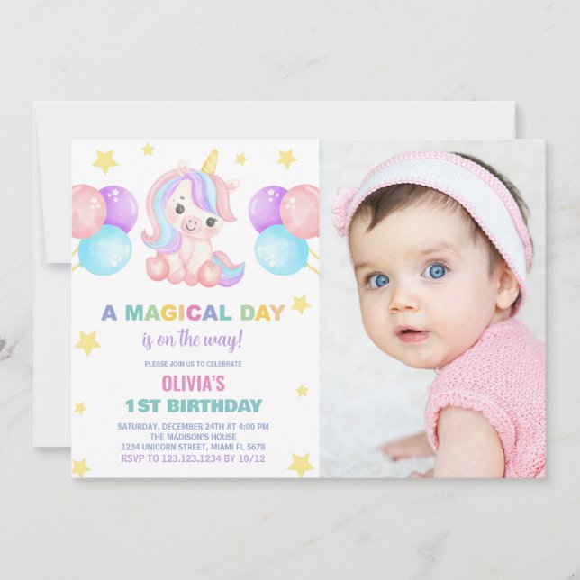 Stars Ballons Unicorn Anniversaire Invitations pho (Devant)