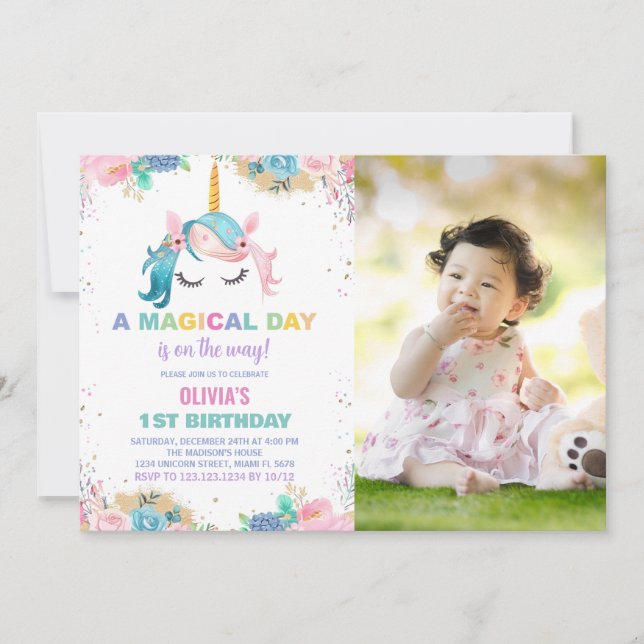 Stars Ballons Unicorn Anniversaire Invitations pho (Devant)