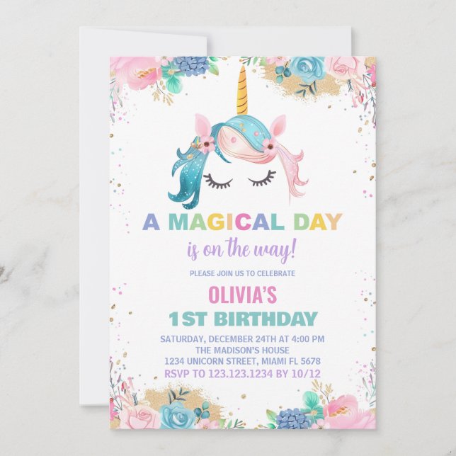 Stars Ballons Unicorn Invitations d'anniversaire (Devant)