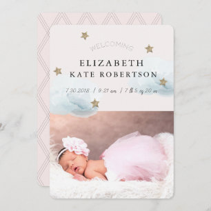 Stars & Clouds Girl Pink Faire-part de naissance C