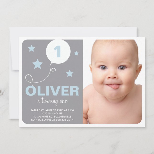 Stars et ballon photo Anniversaire Fête Invitation (Devant)