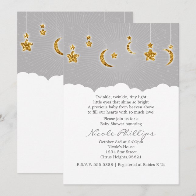 Stars Lune et nuages Baby shower Gris Invitations (Devant / Derrière)