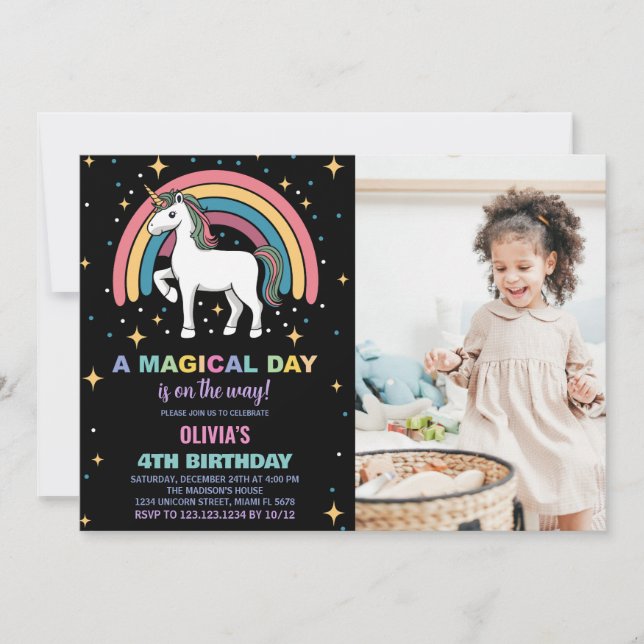 Stars Rainbow Unicorn Birthday Invitations photo (Devant)