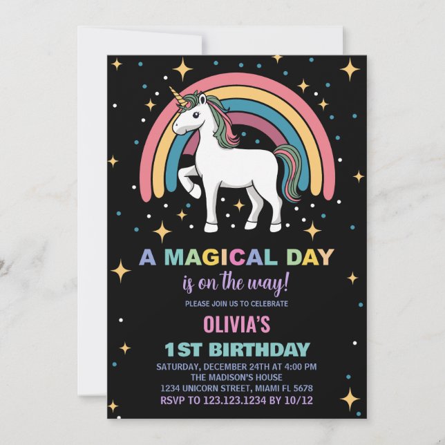 Stars Rainbow Unicorn Invitations d'anniversaire (Devant)