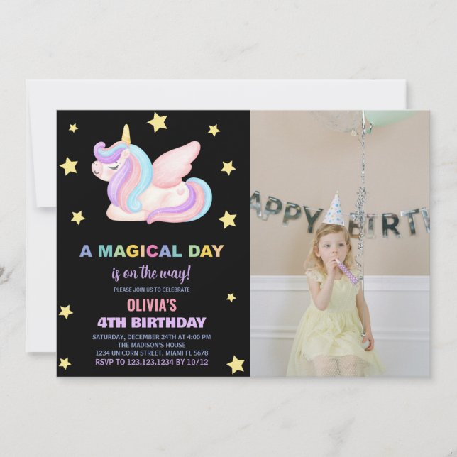 Stars Unicorn Invitations d'anniversaire avec phot (Devant)