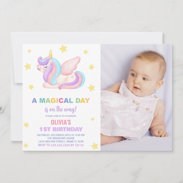 Stars Unicorn Invitations d'anniversaire avec phot (Devant)