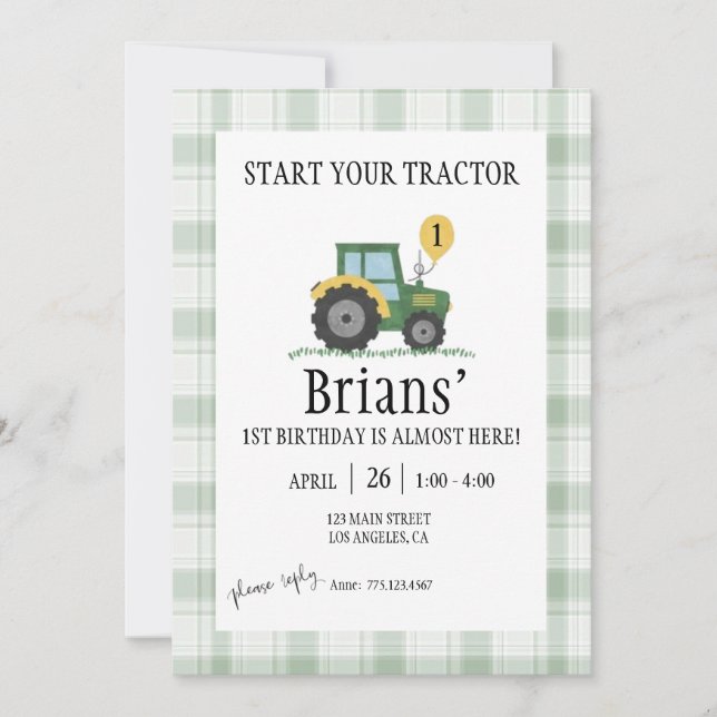 Start Your Tractor Children's Birthday Invitation (Devant)