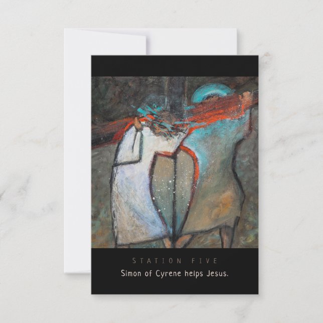Station 5, Simon de Cyrène aide, Carte de prière (Devant)