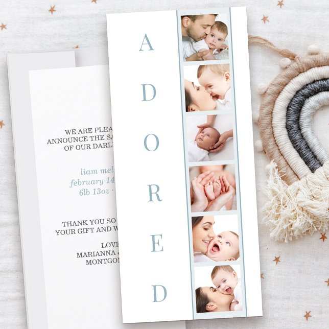 Statistiques ADORED Multi Photo Boy Faire-part de  (Adored Baby Birth Announcement in blue with 6 photos and personal message)