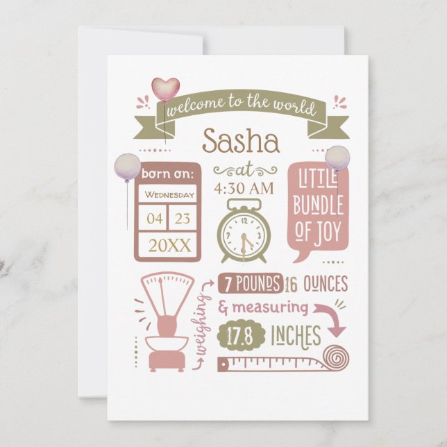 Statistiques de naissance de bébé Faire-part rose (Devant)