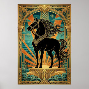 Statue de cheval noir Art Déco soleil levant sarce