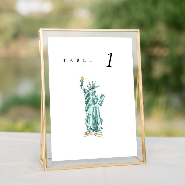 Statue de la Liberté New York Mariage Numéro de ta (Watercolor Statue of Liberty New York City Skyline wedding table number sign.)