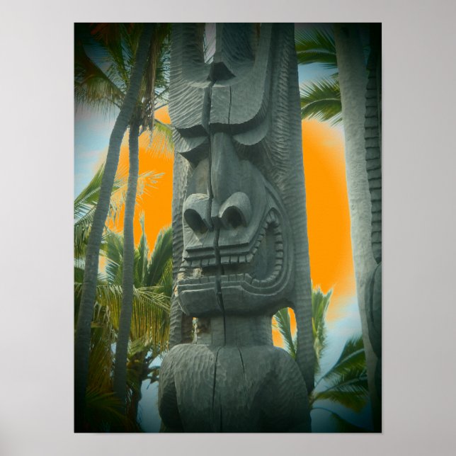 Statue de tiki souriante affiche orange tropicale (Devant)