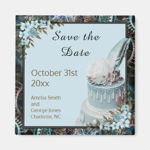 Steampunk Blue Floral Wedding Save the Date Magnet