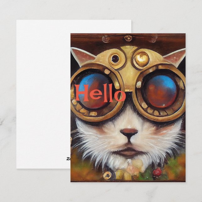 Steampunk Chat Carte pour notes de dire Bonjour (Devant / Derrière)