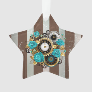 Steampunk Clock and Turquoise Roses on Striped