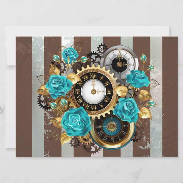 Steampunk Clock and Turquoise Roses on Striped (Devant)