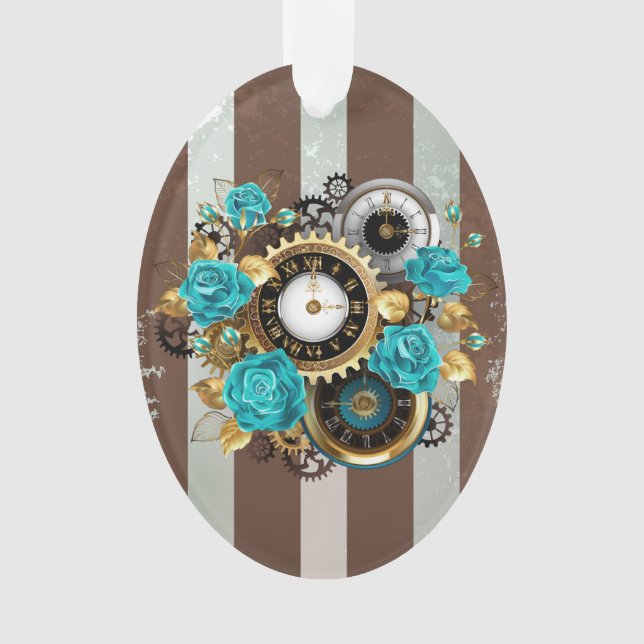 Steampunk Clock and Turquoise Roses on Striped (devant)