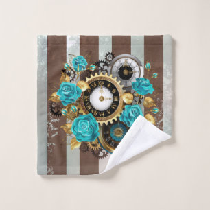 Steampunk Clock and Turquoise Roses on Striped