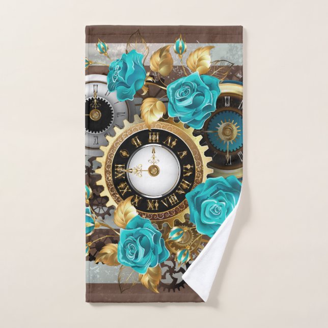 Steampunk Clock and Turquoise Roses on Striped (Serviette à main)