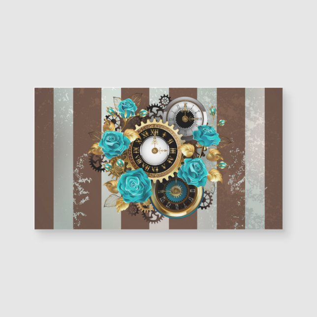 Steampunk Clock and Turquoise Roses on Striped (Devant)