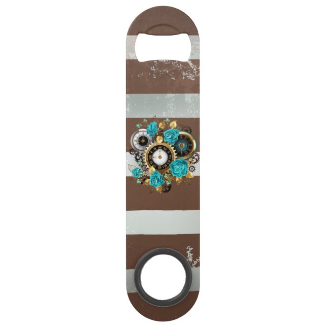 Steampunk Clock and Turquoise Roses on Striped (Devant)