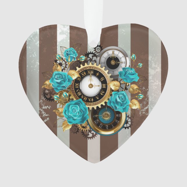Steampunk Clock and Turquoise Roses on Striped (devant)