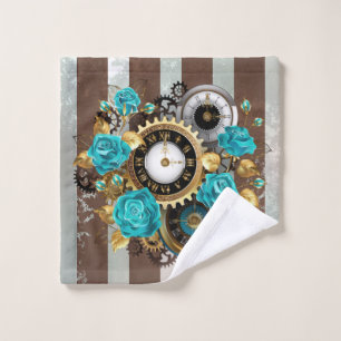 Steampunk Clock and Turquoise Roses on Striped