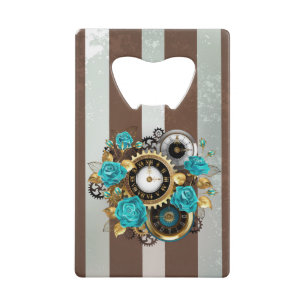 Steampunk Clock and Turquoise Roses on Striped