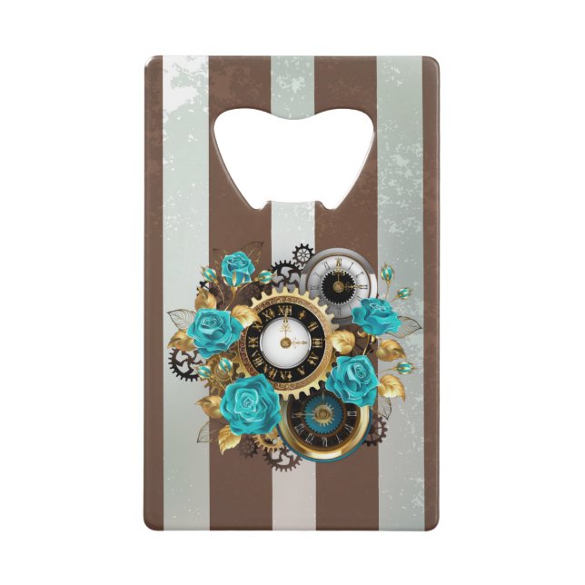 Steampunk Clock and Turquoise Roses on Striped (Devant)