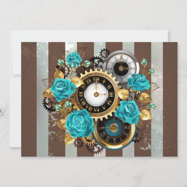 Steampunk Clock and Turquoise Roses on Striped (Devant)