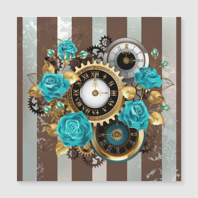 Steampunk Clock and Turquoise Roses on Striped (Devant)