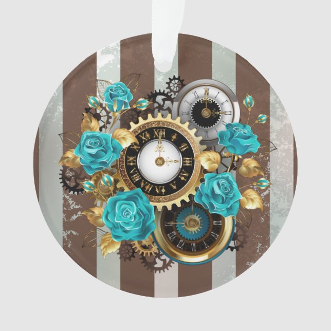Steampunk Clock and Turquoise Roses on Striped (devant)