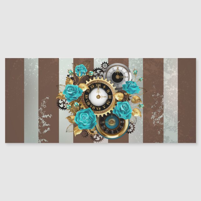 Steampunk Clock and Turquoise Roses on Striped (Devant)