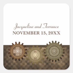 Steampunk Gears Stickers de mariage, Brown