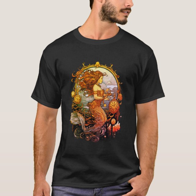 Steampunk Mermaid Image on a Black SS T-Shirt (Devant)